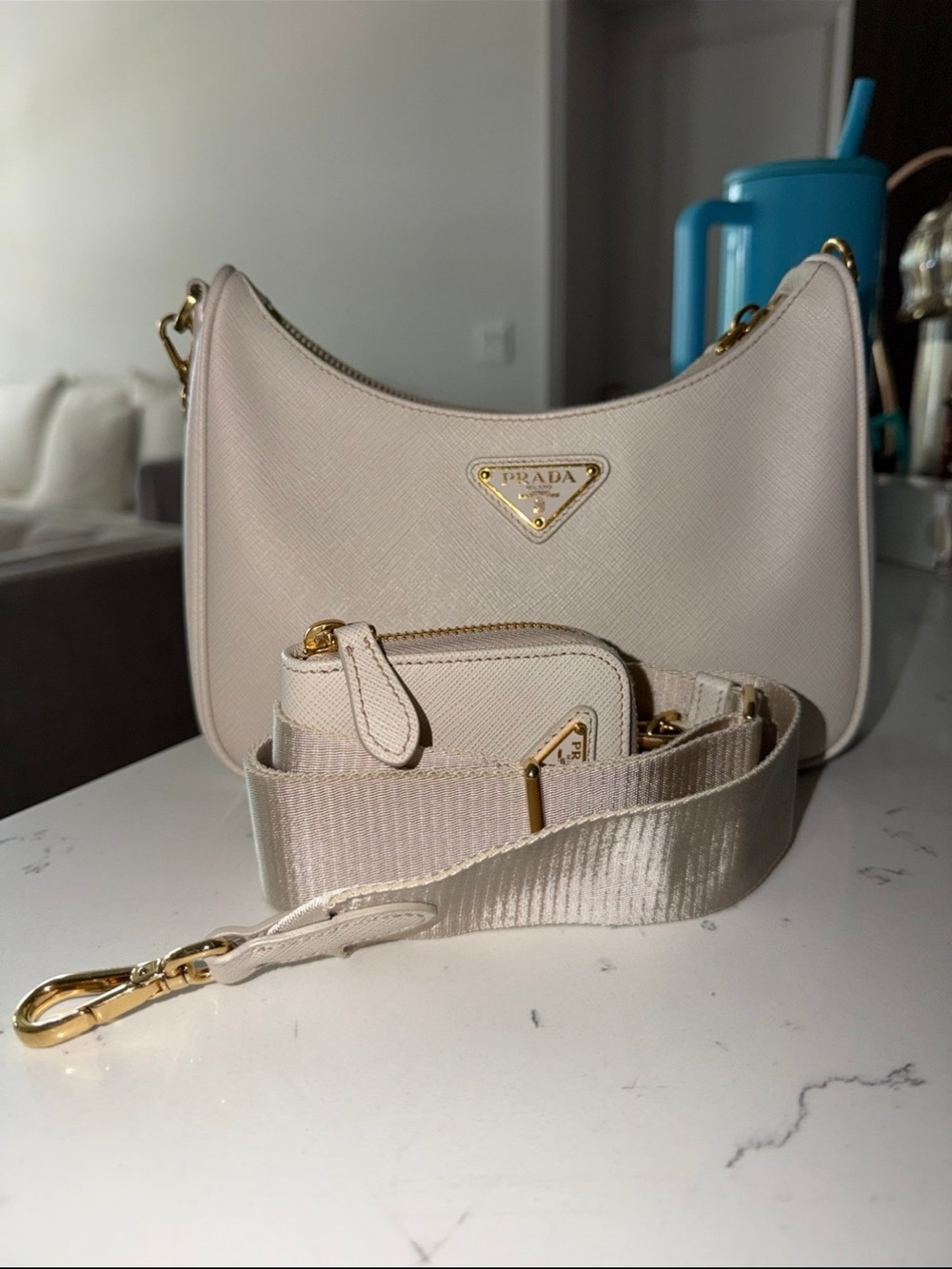 Prada Chalk White Saffiano Leather Shoulder Bag with Gold Chain - Picture 2 of 5